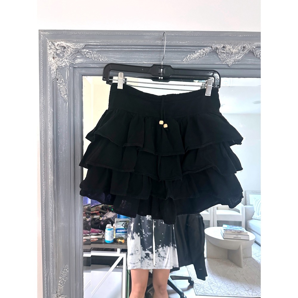 Beach Bunny Swimwear Black Ruffle Tiered Mini Skirt Cotton Cover Up Wood Beads S